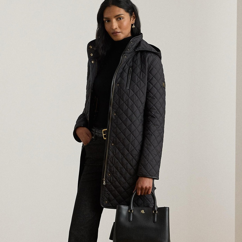 Ralph Lauren Black Diamond Quilted long Hooded Coat Horsebit Chain Lining